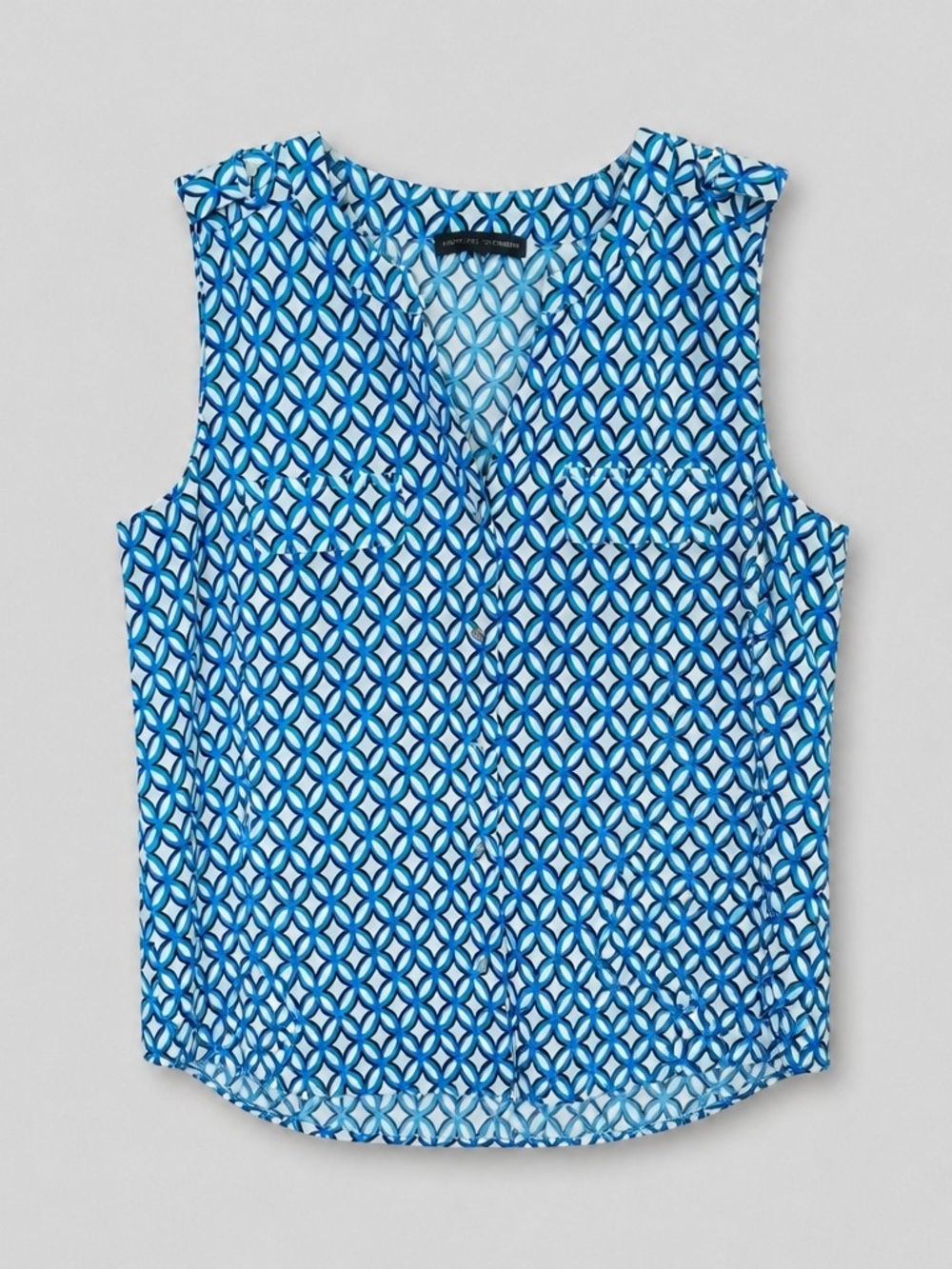 Sleeveless Blue Geometric V-Neck Top